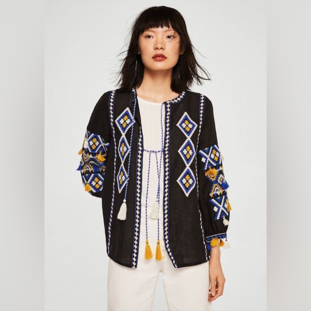 Mango Women’s S Embroidered Linen Blend Tassel Kimono Black Aztec Bohemian Y2K